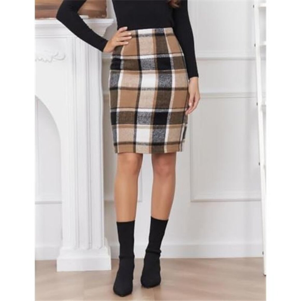PREPPY PLAID Checkered Feminine Wool Blend Collegiate Secretary Pencil Skirt XL